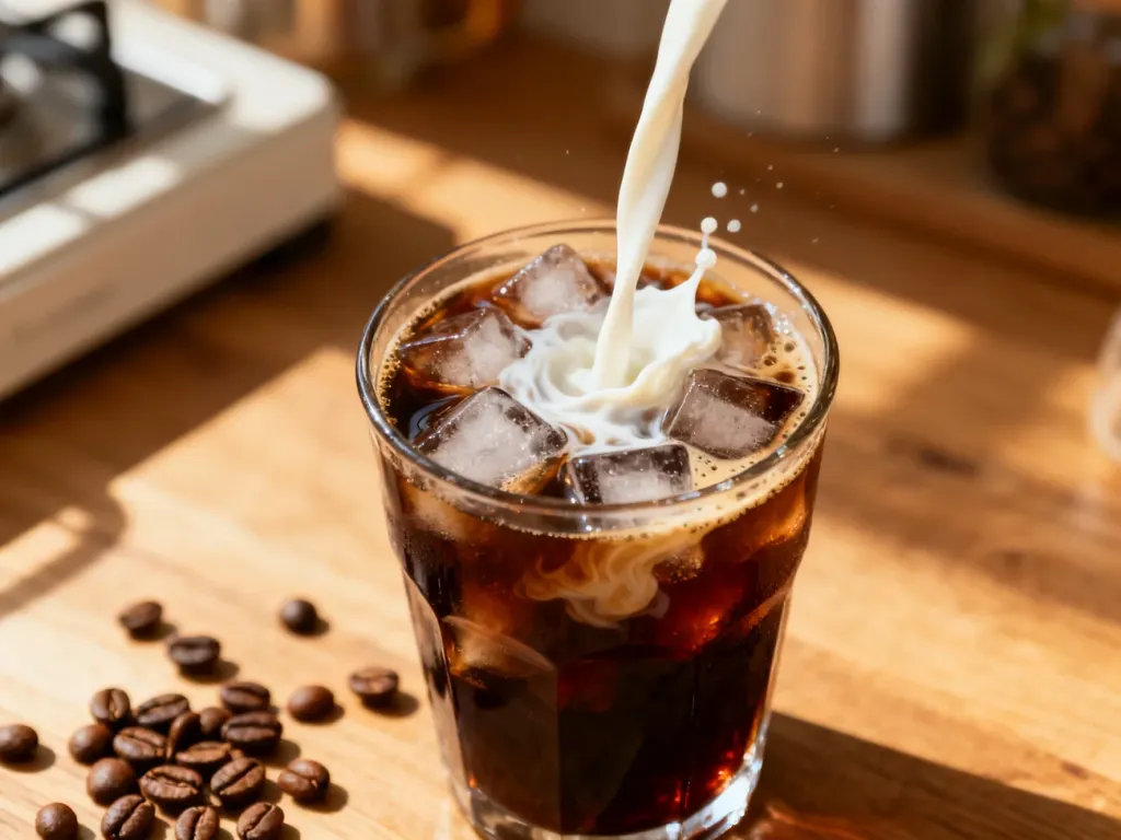 Szklanka kawy cold brew z lodem i wirującym mlekiem na drewnianym stole w promieniach porannego słońca.