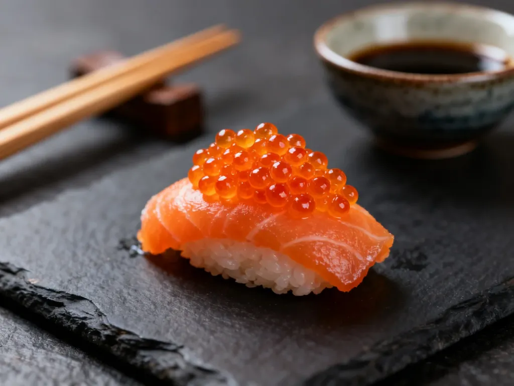Zbliżenie na nigiri z pomarańczową ikrą tobiko na ciemnym talerzu. Profesjonalne zdjęcie sushi podkreślające strukturę ikry.