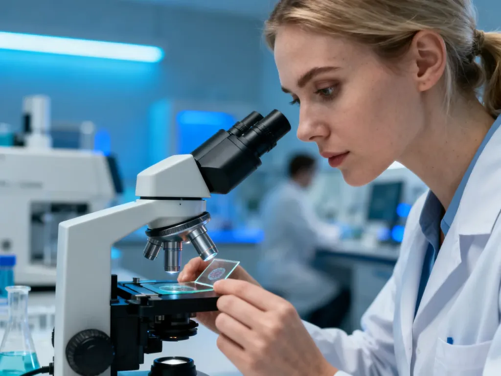 Laborantka analizuje preparat pod mikroskopem w nowoczesnym laboratorium medycznym.