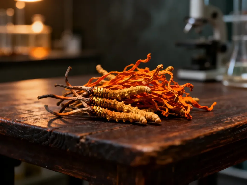 Suszone grzyby Cordyceps na rustykalnym drewnianym stole w klimatycznym, laboratoryjnym otoczeniu.