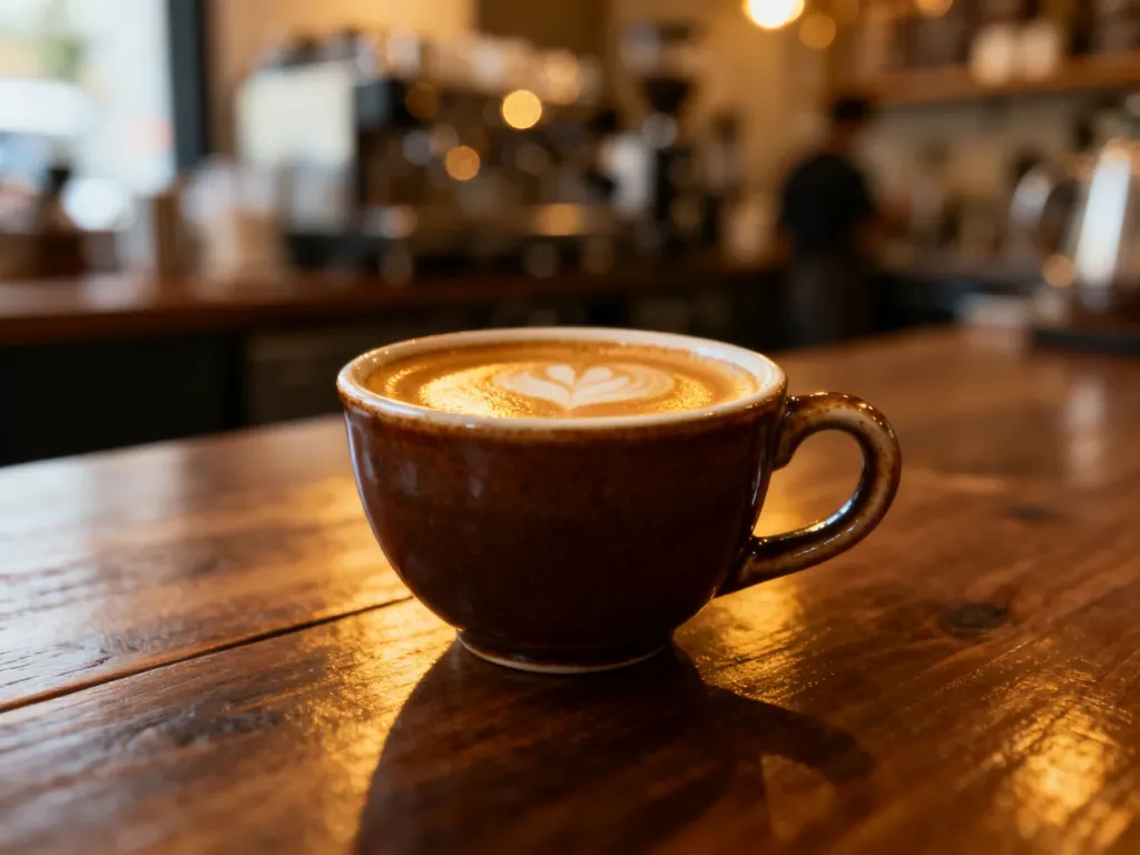 Świeżo zaparzone podwójne espresso w ceramicznej filiżance z gęstą cremą, ustawione na drewnianym stole.