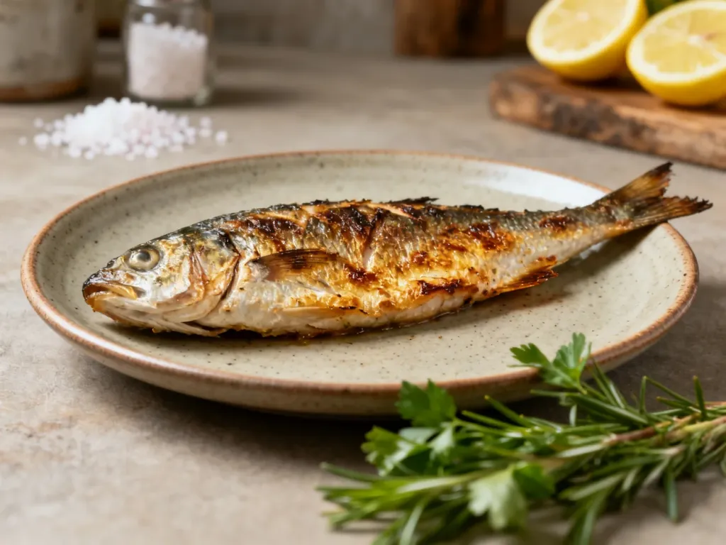 Pieczony filet z nototenii podany na ceramicznym talerzu z ziołami, cytryną i solą morską.