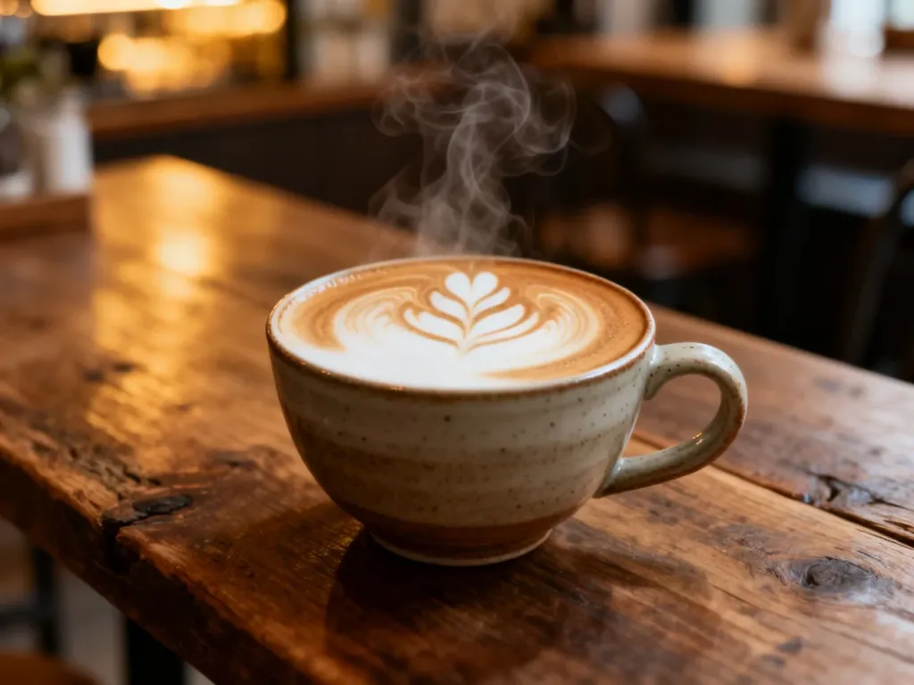 Idealnie przygotowana kawa flat white z artystycznym wzorem na piance, podana w ceramicznej filiżance w przytulnej kawiarni.