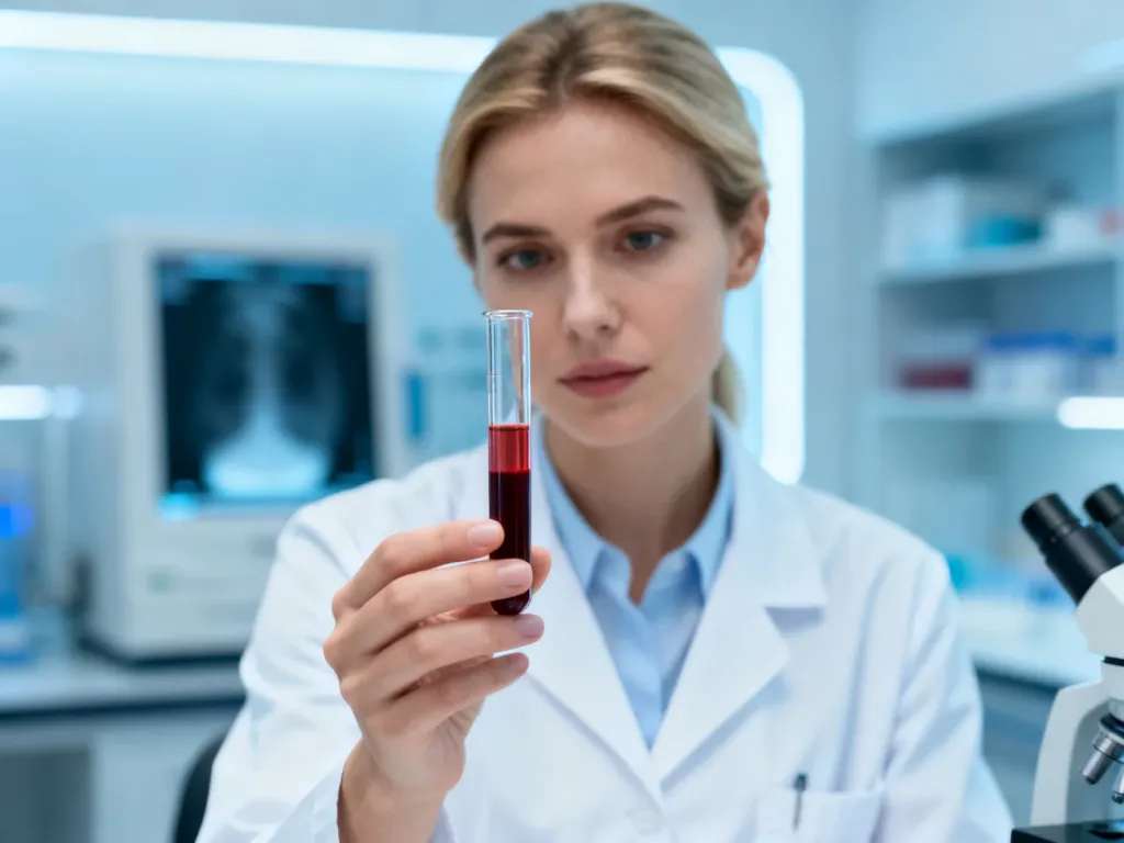 Pracownik laboratorium medycznego analizuje próbkę krwi w nowoczesnym gabinecie diagnostycznym.