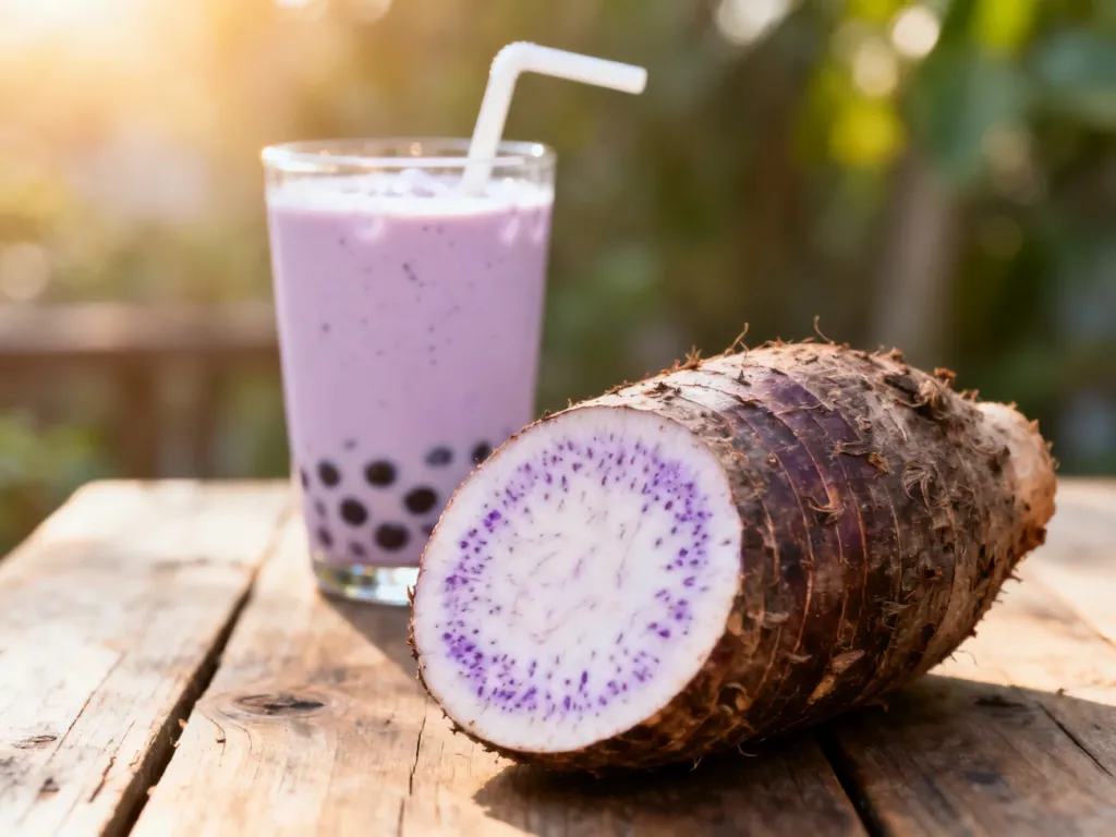Świeży korzeń taro z widocznym fioletowym miąższem obok szklanki napoju bubble tea na drewnianym stole.